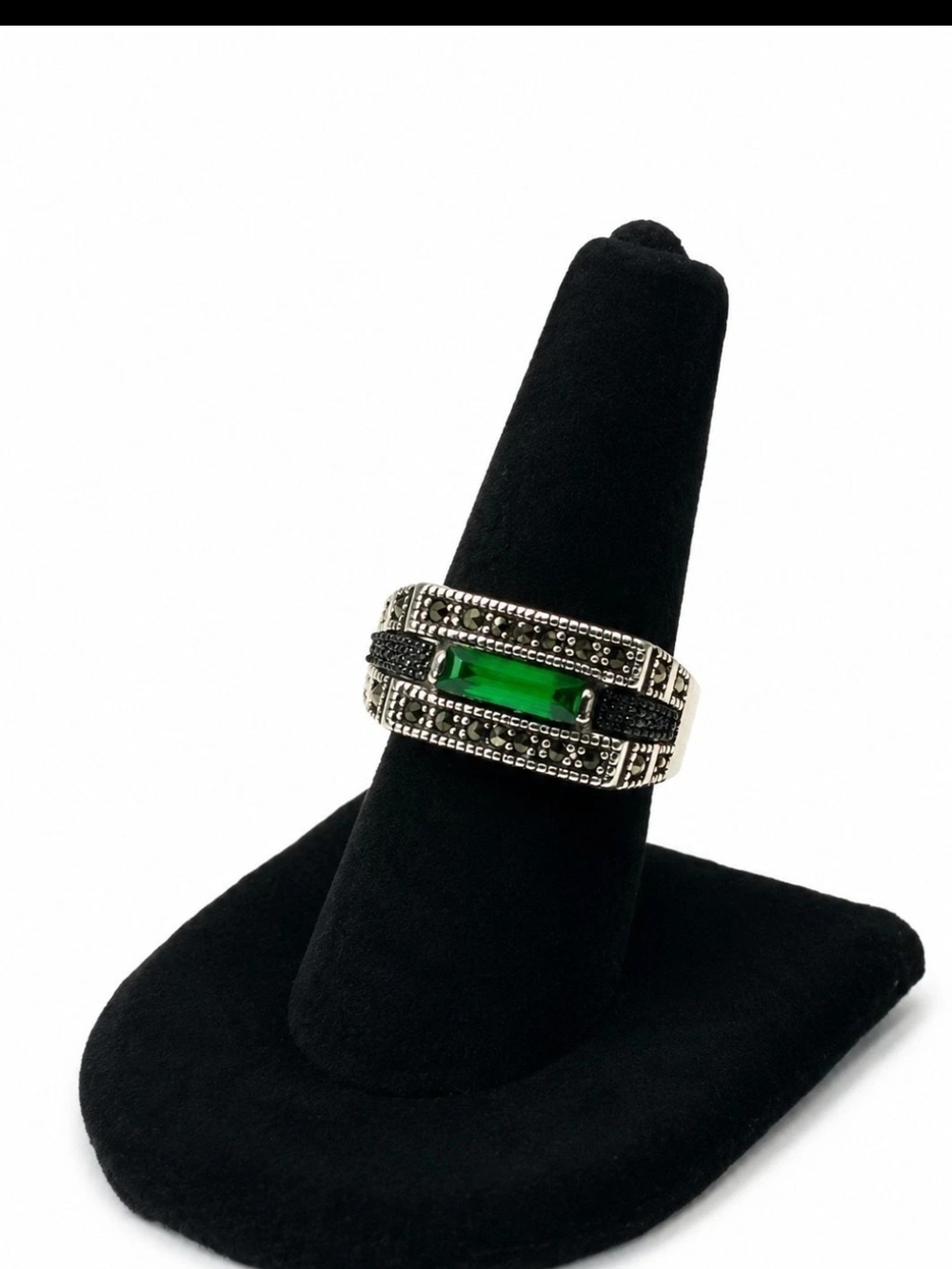 Vintage 925 Sterling Silver Marcasite Greek Key Green CZ Ring Size 11/12